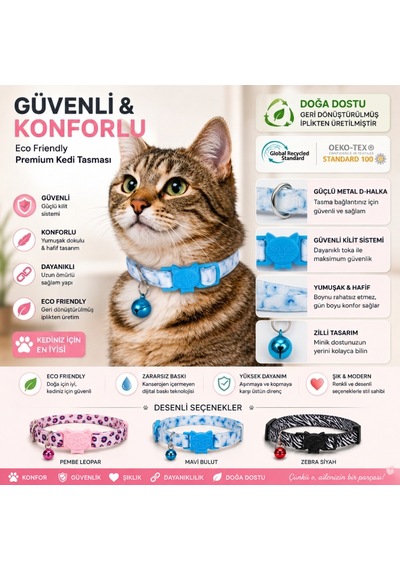 Desenli Kedi Boyun Tasması Geri Dönüştürülmüş İplik, Güvenli Kilit Sistemli, Konforlu Kullanım, Mavi Bulut