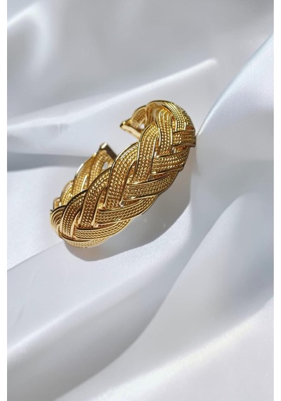 Altın Kaplama Saç Örgüsü Kelepçe Bilezik - 5.5 Cm İç Çap Kalın Hasır Model Kadın Bileklik Gold
