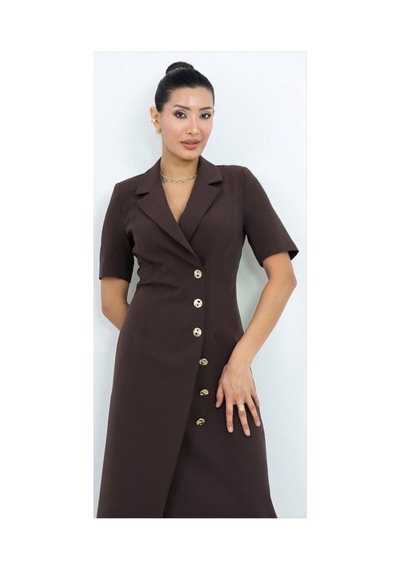 Dorne Moda Blazer Yaka Düğme Detaylı Midi Elbise Kahverengi Kahverengi