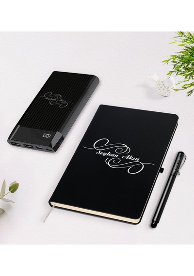 Kişiye Özel Isimli Siyah Defter Kalem 10.000 Mah Powerbank N11.6475