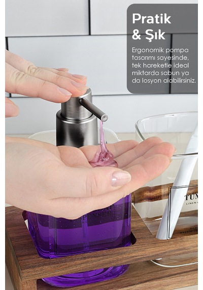 Ahşap Standlı Cam Sıvı Sabunluk Seti - Sıvı Sabun Şişesi Diş Fırçalığı Banyo Seti Şeffaf 550 Ml Beyaz