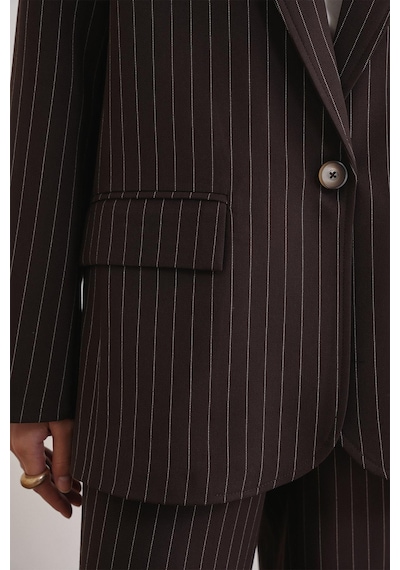 Mixray 4753 Kadın Çizgili Oversize Blazer Ceket Kahve