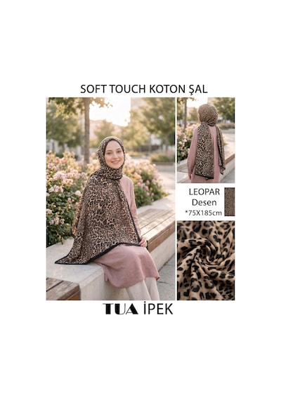 Leopar Desen Touch Soft Koton Şal 75x185cm Siyah