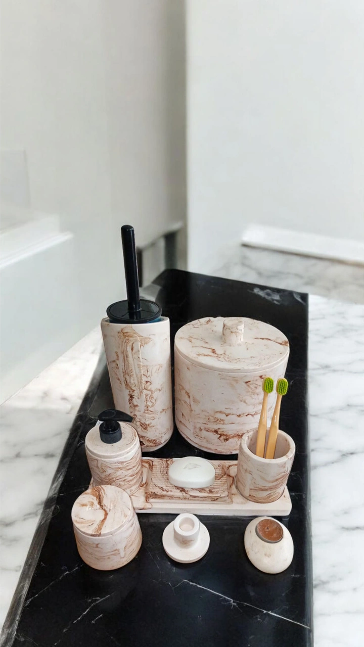 Mermer Desen Beton Banyo Seti,tuvalet Wc,çöp Kova,sabunluk ,diş Fırçalığı,tepsi,aksesuar,dekorasyon Bej