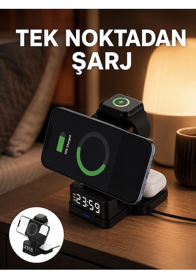 Led Dijital Saatli Kablosuz Şarj Cihazı - 3 Parlaklık Ayarlı, Şarj Koruma Teknolojili Yeni Nesil 10497523