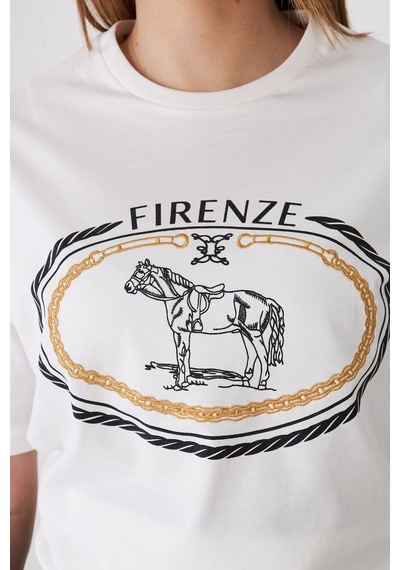 Sortie Collection Firenze At Baskılı Rahat Kalıp Basic Tişört Ekru
