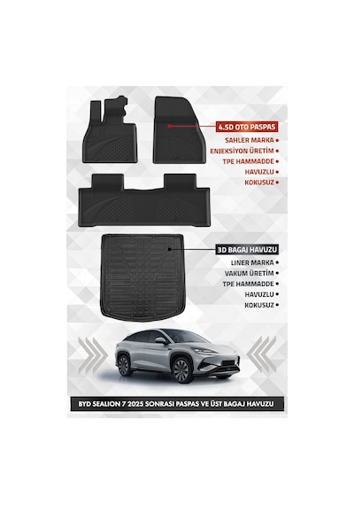 Byd Sealion 7 2025 Ve Sonrası Uyumlu 4.5d Premium Havuzlu Oto Paspas Ve Lıner Üst Bagaj Havuzu Set