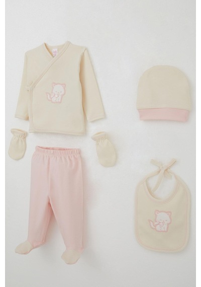 Breeze Kız Bebek Hastane Çıkışı 5 Li Sevimli Kedi Nakışlı Fiyonklu 0-3 Ay, Krem Krem
