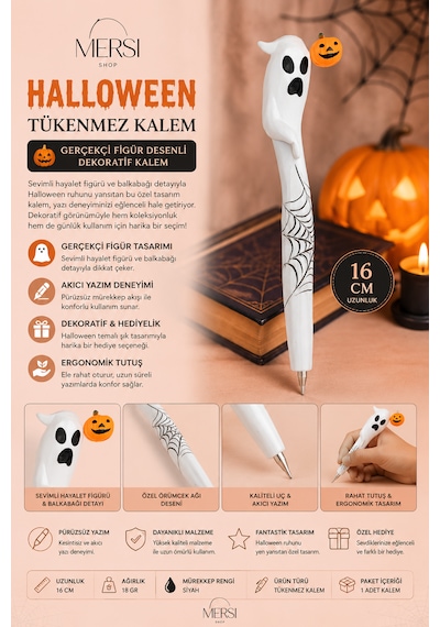 Halloween Tükenmez Kalem Gerçekçi Figür Desenli Dekoratif Kalem 16cm Beyaz
