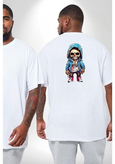 Angemiel Hiphop Kurukafa Hoodie Büyük Beden Beyaz Tişört Kadın Erkek Ünisex Sırt Baskılı Beyaz