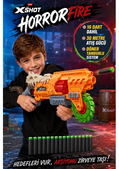 Horror Fire Dart Tabancası 16 Dart 30 Metre Atış Gücü Köpük Mermi Blaster 42 Cm