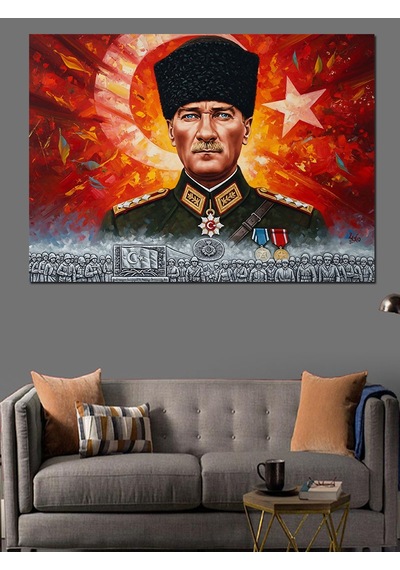 Türk Bayrağı, Kalpak Başlıklı Atatürk Ve Kahraman Türk Askeri Dekoratif Kanvas - Mdf Ahşap Tablo