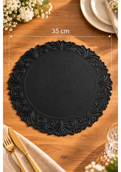 2'li Deri Amerikan Servis Seti 35 Cm Yuvarlak Kabartmalı Dekoratif Supla Seti Siyah - 939567981 Siyah