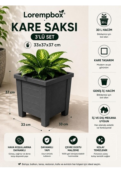 Lorempbox 30 L Kare Saksı 3'lü Set Gri