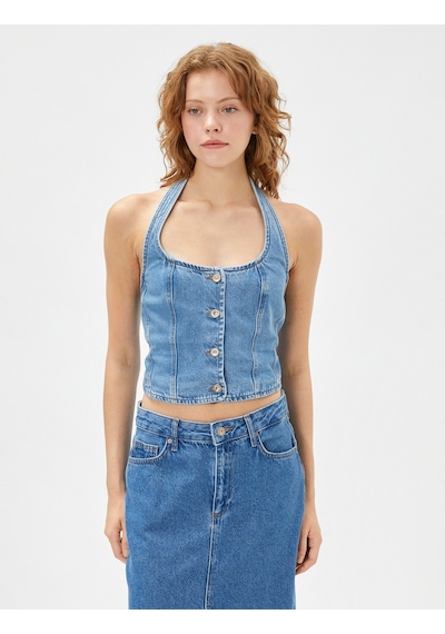 Koton Kot Yelek Crop Halter Yaka Düğmeli Nervürlü Pamuklu Açık İndigo 3sal30012md 3SAL30012MDLGT Koton Kot Yelek Crop Halter Yaka Düğmeli Nervürlü Pamuklu Açık İndigo 3sal30012md 3SAL30012MDLGT