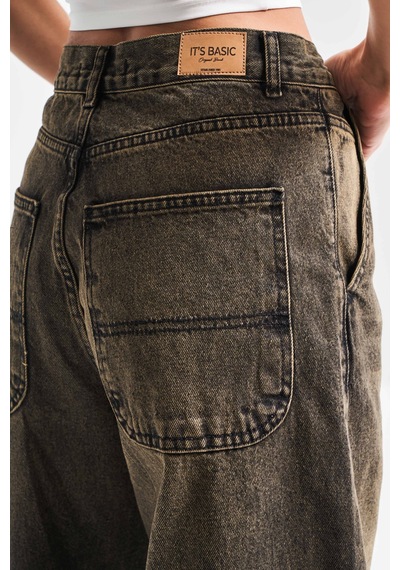 Itsbasic Kadın Haki Kot Rengi Juniper 4s5-86 Skater Fit Bol Kesim %100 Koton Orta Bel Denim Jean Haki 4s5-86