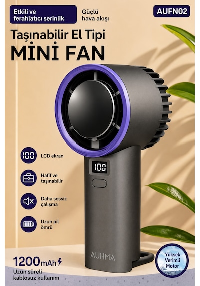 Exenar - Siyah - Güçlü Portatif Mini El Fanı 1200 Mah Dijital Ekranlı Şarjlı Vantilatör 5 Kademeli Fan Siyah