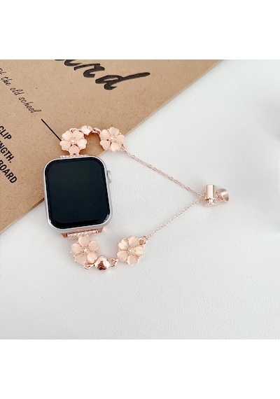 Apple Uyumlu  Watch Seri 4 5 6 7 8 9 10 44-45-46mm Çiçekli Ve Kalp Zincir Detaylı Bileklik Tasarım Kordon