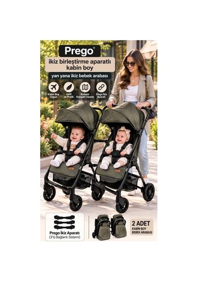 Prego İkiz Apartlı Birleşip Ayrılan Yan Yana İkiz Kabin Boy Bebek Arabası Haki