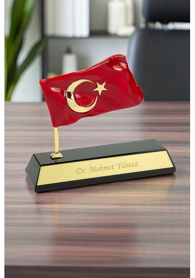 Kutulu Türk Bayraklı Metal Kişiye Özel Masaüstü İsimlik Siyah