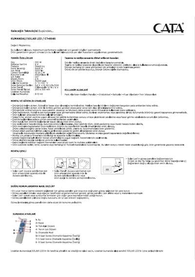 Cata 120 Watt Beyaz Işık 1200 Lümen Kumandalı Solar Projektör Led Projektör Dış Mekana Uygun Ct-4648
