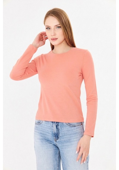 Sortie Collection Bisiklet Yaka Pamuklu Uzun Kollu Basic Penye Tişört Bluz Pudra