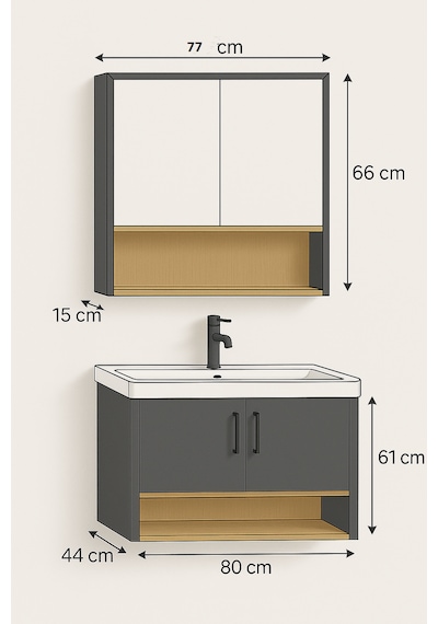 Legna 80 Cm Antrasit&ahşap Banyo Dolabı Takımı Alt Ve Üst Dolap