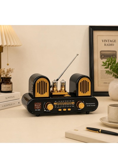 Yeni Nesil Radyo Usb Sd Fm Aux Bluetooth Müzik Kutusu Retro El Tutamaçlı Şarj Edilebilir M113 Koyu Kahve Rx-998 - Siyah