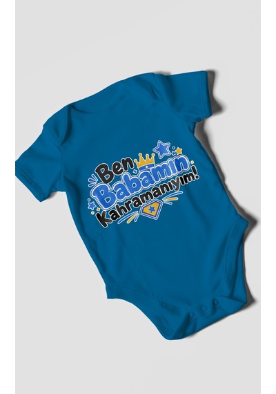 Morivokids Ben Babamın Kahramanıyım Kısa Kollu Bebek Body %100 Pamuk Koyu Mavi