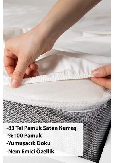 82 Tel %100 Pamuk Saten 100x200 Tek Kişilik Lastikli Çarşaf Beyaz