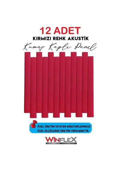 12 Adet Dekoratif Akustik Kumaş Kaplı Panel- 10x100cm Kırmızı