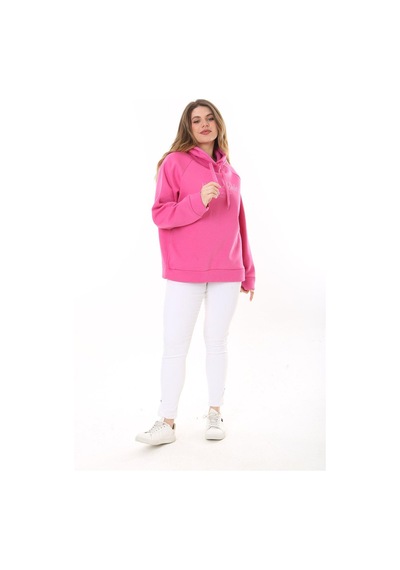 Şans Kadın Büyük Beden Bebe Mavisi İçi Şardonlu 3 İplik Kumaş Kapşonlu Sweatshirt 65n37575-pembe Pembe