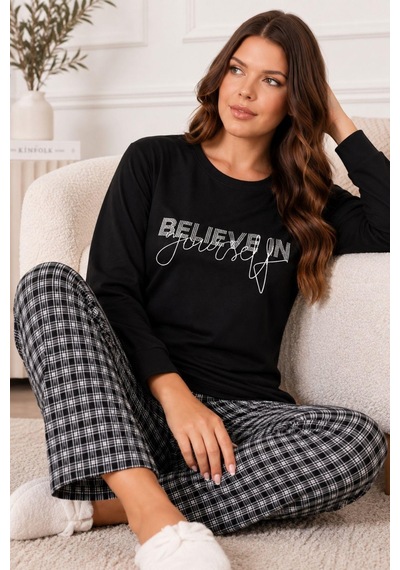 Gd Goldoremi Premium Kadın Büyük Beden Rahat Kışlık Uzun Kollu Pijama Takım Siyah