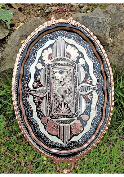 1 Mm Kalın Gül Çiçek Oval Bakır Tepsi
