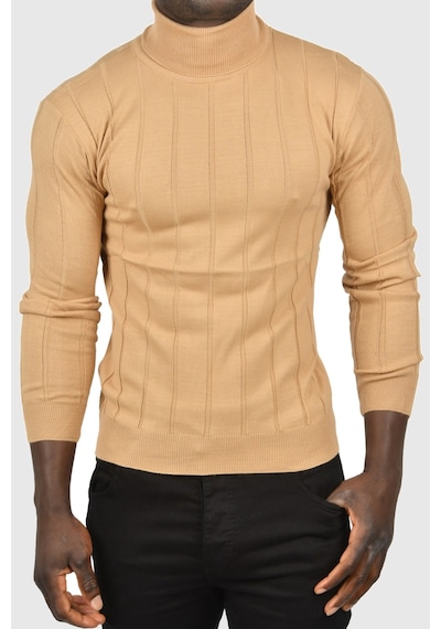 Deepsea Erkek Camel Slim Fit Likralı Tam Balıkçı Yaka Çizgili Boğazlı Kazak 2505504 Camel