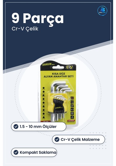 Alyan Anahtar Seti 9 Parça Kısa Düz 1.5 İla 10 Mm Cr V Çelik Mobi