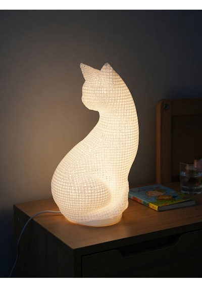 Dekoratif Kedi Figürlü Gece Lambası 3d Yazıcı Baskı Hediyelik Masa Lambası Aydınlatma 23cm Beyaz