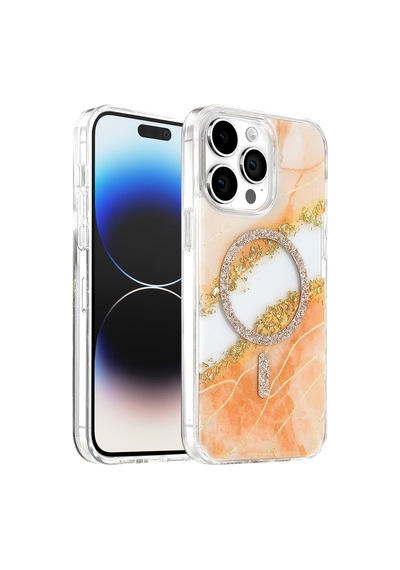 Onegif Apple İphone 15 Pro Max Lotus Simli Magsafe Kapak - Turuncu - Turuncu