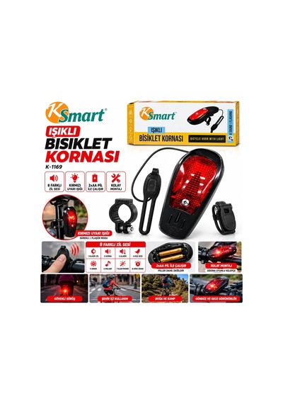 Bisiklet Kornası - Zil Işıklı 2xaa Pil 8 Fonksiyon Zil K-1169 5468 Çok Renkli