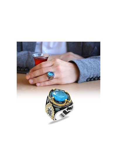 Faset Kesim Aqua Paraiba Taşlı 925 Ayar Gümüş Erkek Yüzük (500124914)