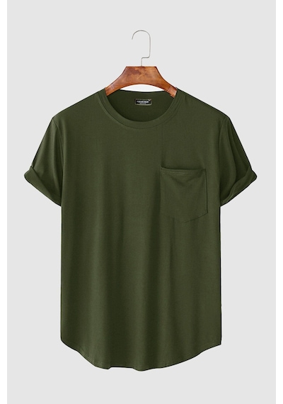 Erkek Yuvarlak Yaka Oval Kesim Cepli Basic T-shirt Haki Haki