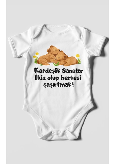 Morivokids Kardeşlik Sanattır, İkiz Yazılı Kısa Kollu Bebek Body %100 Pamuk Beyaz