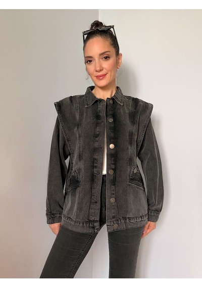 Antrasit Omuz Detaylı Tasarım Denim Ceket Antrasit