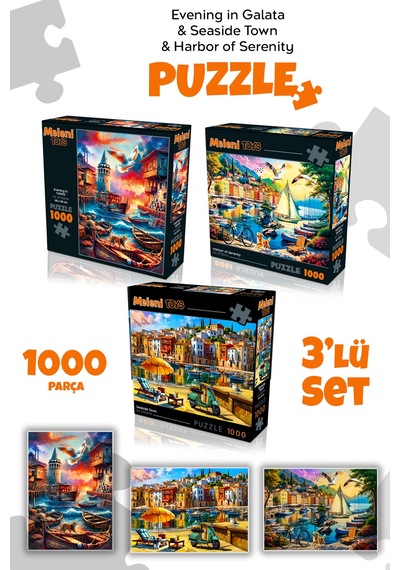 3 Adet 1000 Parça Puzzle - Limanda Sakinlik, Sahil Kasabası Ve Galata Kulesi Manzara Yapboz 68x48 Cm