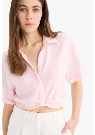 Defacto Gömlek Yaka Crop Keten Görünümlü Kısa Kollu Bluz C7799ax25sppn289 Pembe