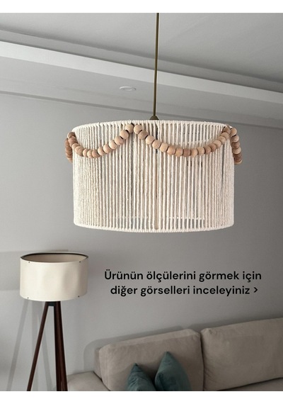 Makrome El Yapımı Bohem Silindir Boncuklu Rustik Avize Beyaz