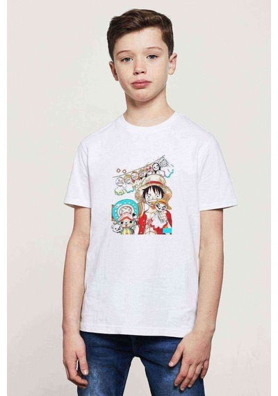 Tshirthane Anime One Piece Luffy Hat Baskılı Unisex Çocuk Beyaz T-Shirt (534776718)