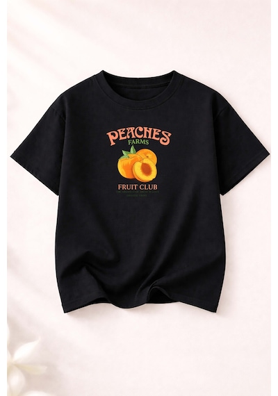 Herkesemoda Peaches Baskı Detaylı Kadın Bisiklet Yaka Pamuklu T-shirt Siyah