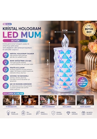 12 Adet Led Candle Kamp Büyük Boy Çap:5cm - Y: 16cm Pilli Led Mum Mika Kristal Plastik Yakut-13637 5570 Default