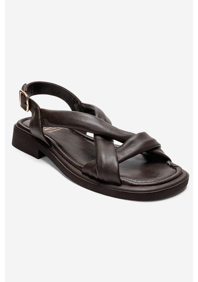 Luvishoes Frand Kahverengi Hakiki Deri Çapraz Bantlı Kadın Sandalet